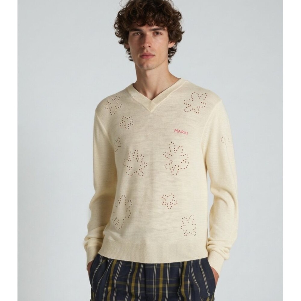 MARNI Sweater Mens Size 48 Off White Pullover VNeck Fine Wool Flowers $895